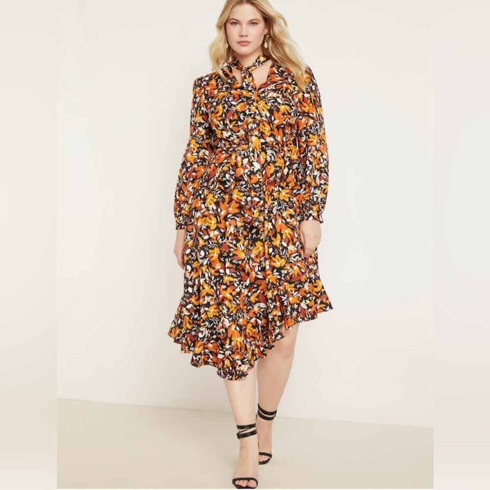 ELOQUII Woman’s Dress.Tie Neck Dress with Ruffle Asymmetric Hem.